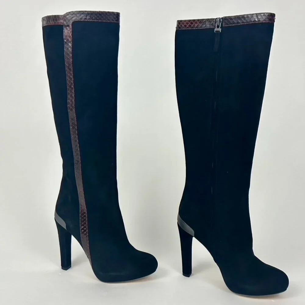 Fendi Suede Knee High Lizard Trim Platform Boots
